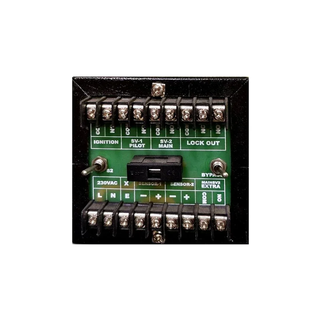 R.K. Instruments & Controls FFM-5 Flame Failure Monitor &mdash; rear terminal block with S2 sensor-select and BYPASS toggle switches