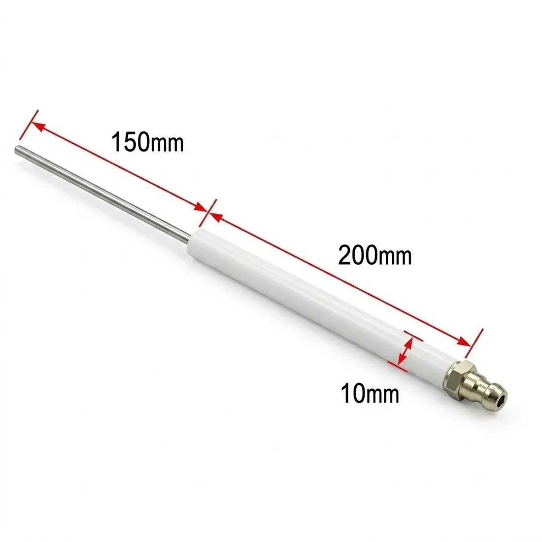 Ignition Electrode 10mm Insulator by R.K. Instruments & Controls, with dimension callouts (200mm electrode rod/wire length, 150mm insulator/ceramic length, 10mm insulator diameter) and SAE / D4 / M4 threaded terminal connector
