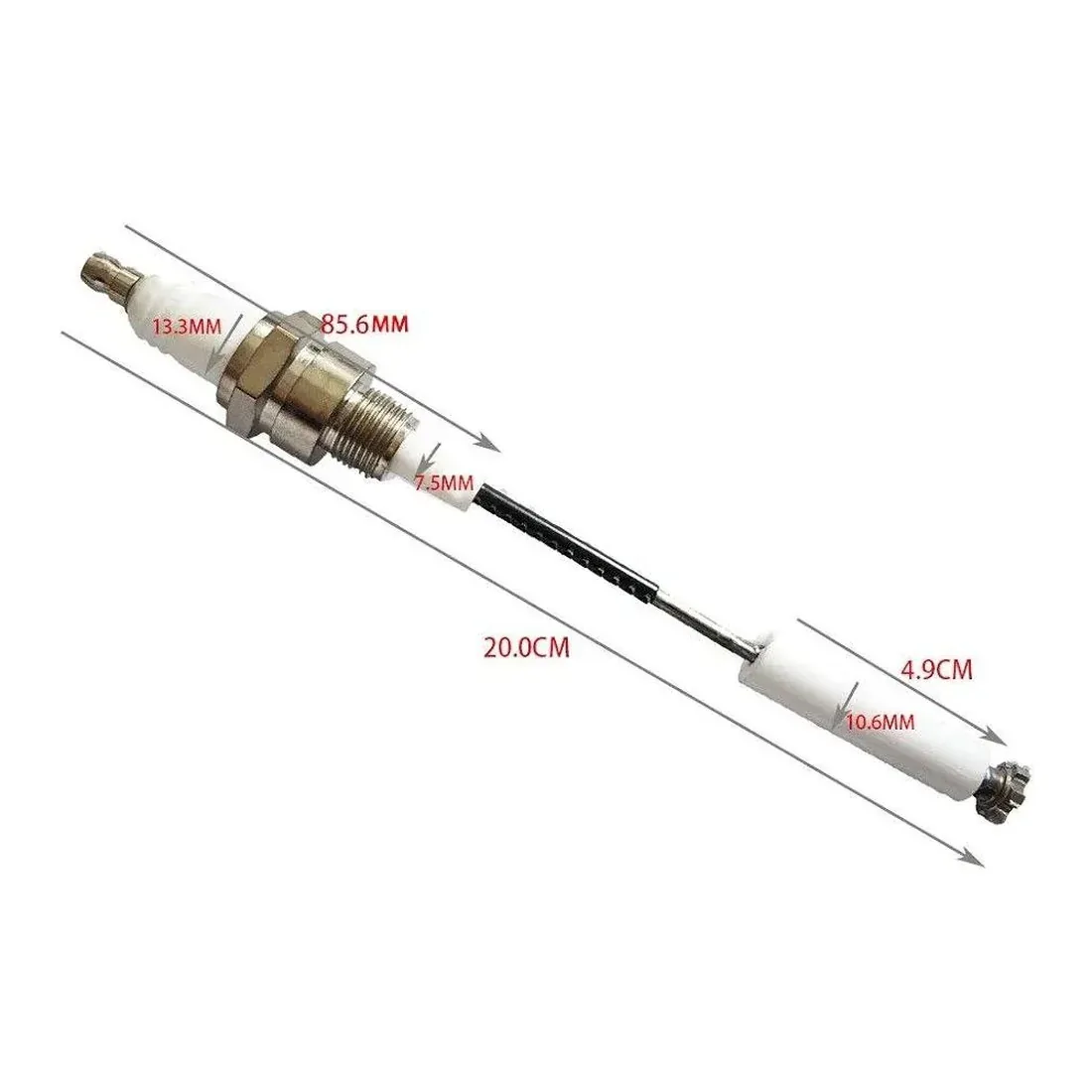 R.K. Instruments & Controls Industrial Spark Ignition Electrode Assembly, 200mm, threaded hex mount with high-alumina ceramic insulators and disc-style electrode tip, with dimension diagram