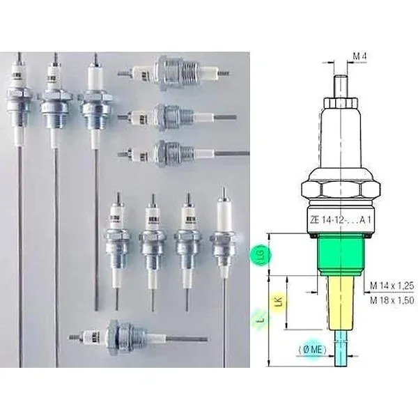 Industrial Special Ignition Electrode — Threaded Spark-Plug Type Igniter by R.K. Instruments & Controls, with dimension diagram (LG length, ØME electrode diameter, M14x1.25 / M18x1.50 thread)