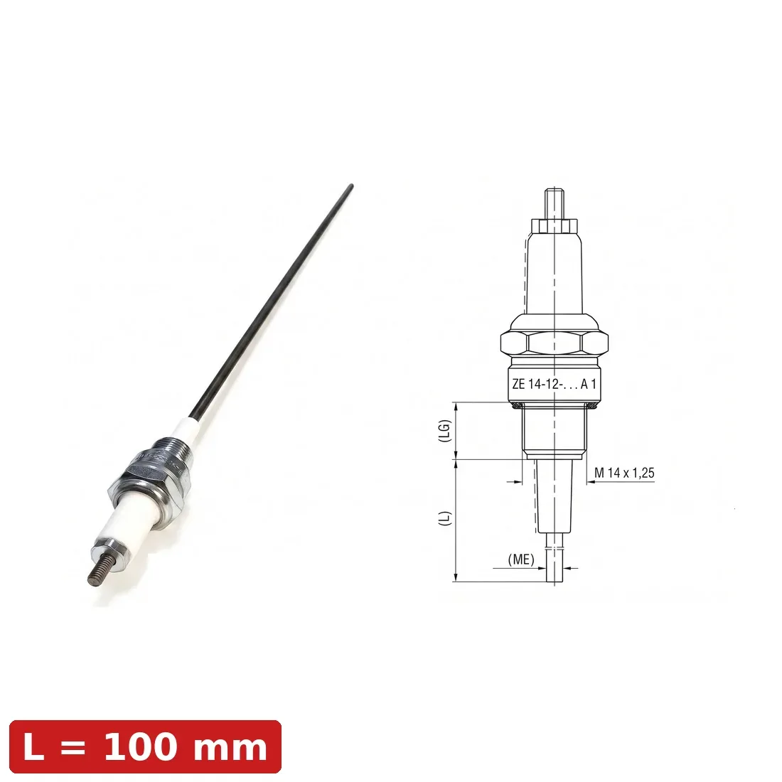 Spark Ignition Electrode Threaded ZE-14-12-100-A1 — M14x1.25, L100mm, Standard Stock by R.K. Instruments & Controls, with dimension diagram (LG thread length, L overall length, M14x1.25 thread)