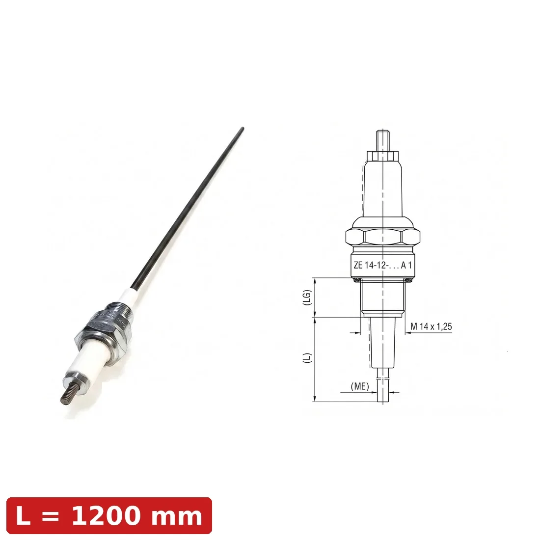 Spark Ignition Electrode Threaded ZE-14-12-1200-A1 — M14x1.25, L1200mm, Standard Stock by R.K. Instruments & Controls, with dimension diagram (LG thread length, L overall length, M14x1.25 thread)
